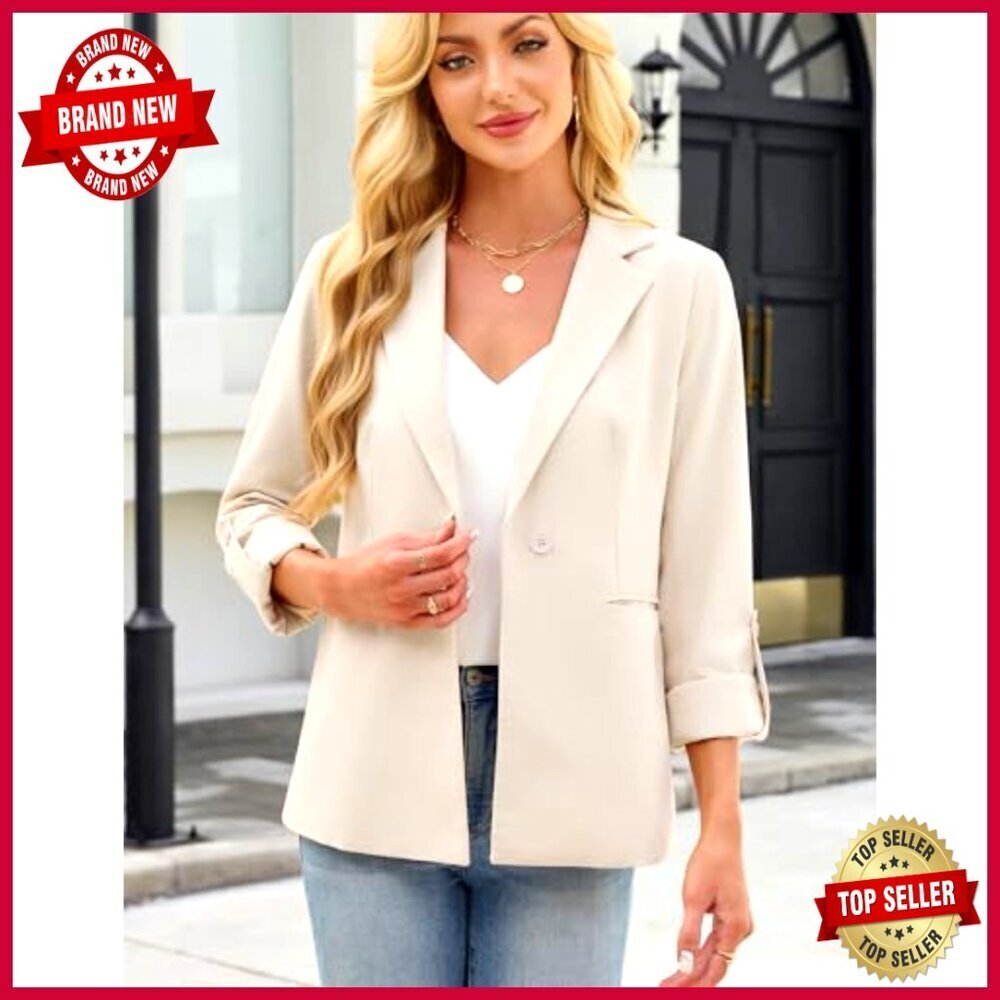 Linen Cotton Blazer Full Lining Rolled Sleeve Open Front Work Office - Picture 6 of 7